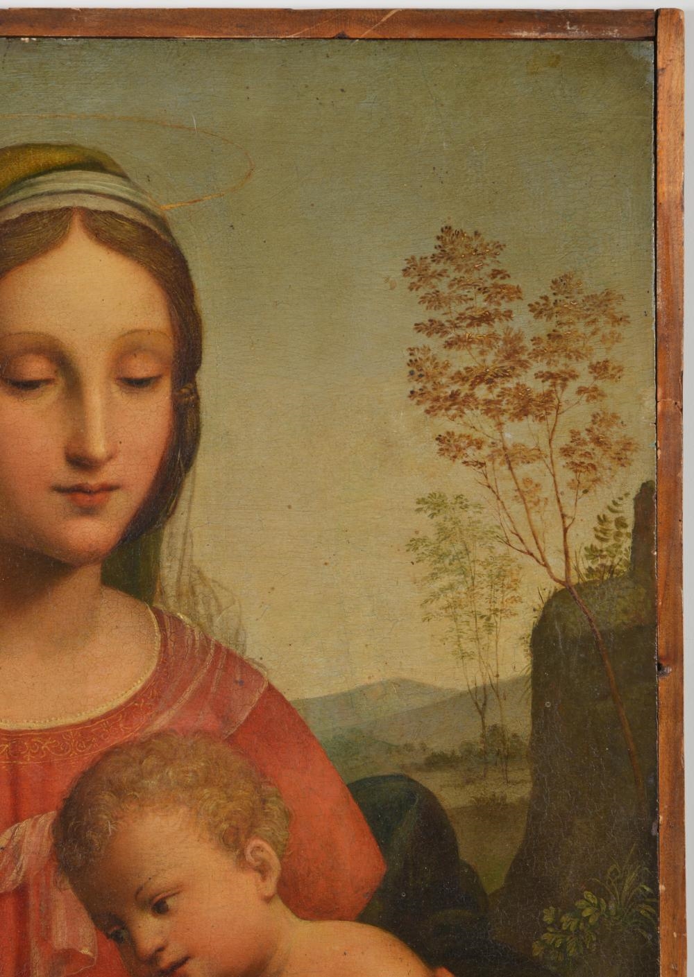 Artwork by Italian School, 17th Century, Madonna with Jesus holding a finch and St. John with the cross in landscape, Made of Oil On Wooden Panel