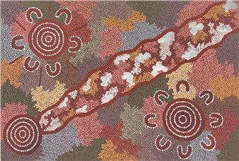 A painting of a map of Australia with circles on it.