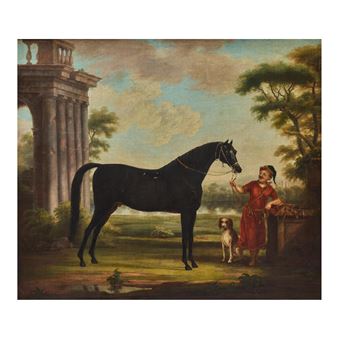 The Cullen Arabian held by a groom, before a landscape with classical ruins - Thomas Smith of Derby
