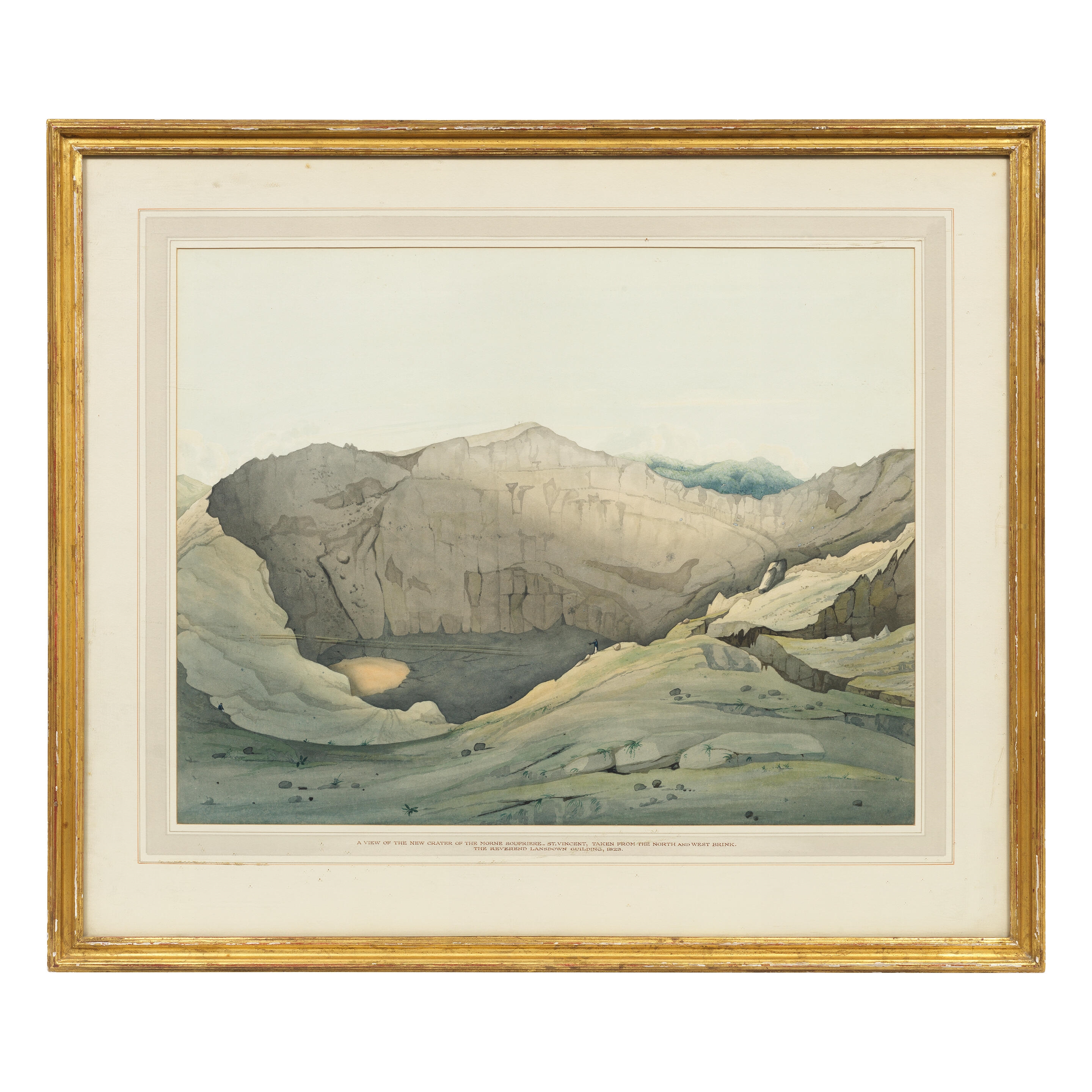 Artwork by Lansdown Guilding, A view of the new crater of the Morne Soufrière - St. Vincent, taken from the north and west brink, Made of pencil and watercolour