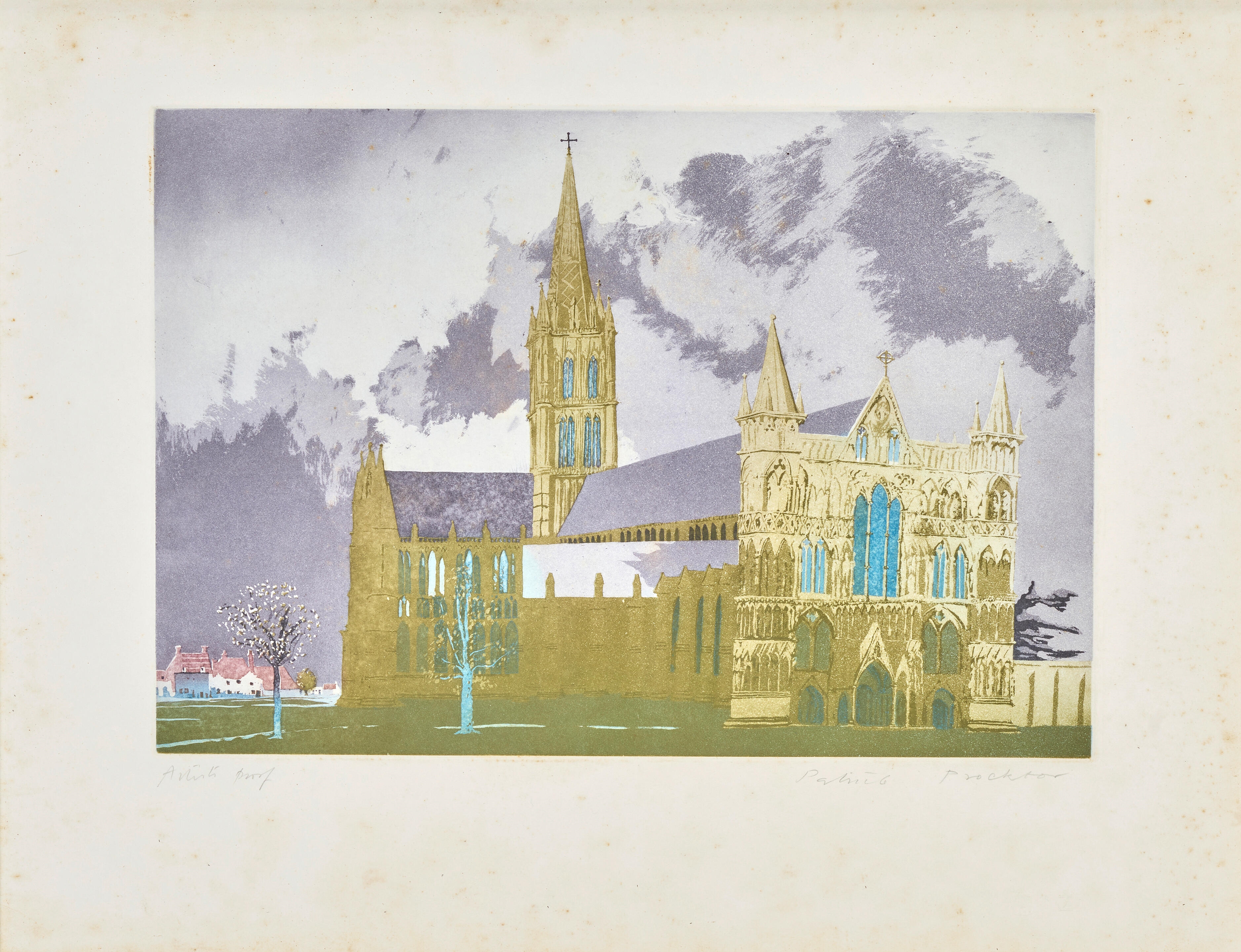 Artwork by Patrick Procktor, Sarum (North-West view of Salisbury Cathedral, Made of aquatint and etching in colours
