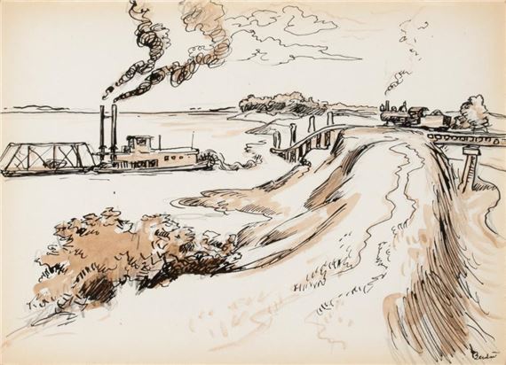 River Scene with Steamboat and Train