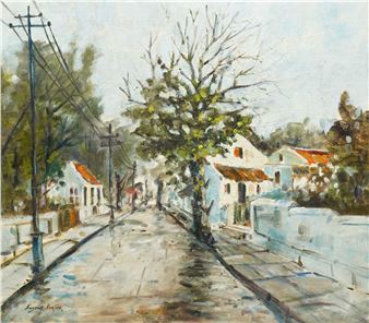 A watercolor street scene with white buildings, bare trees, and a wet road under a pale sky.