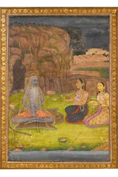 MINIATURE INDIENNE MONTÉE SUR UNE PAGE D'ALBUM ILLUSTRANT LA VISITE DE DEUX JEUNES FEMMES À UN ASCÈTE, INDE, ÉCOLE MOGHOLE PROVINCIALE, VERS 1750 - Indian School, 18th Century