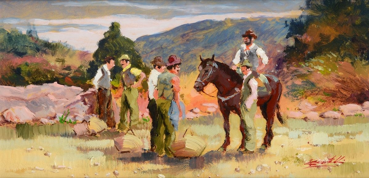 Artwork by Loris Centelli, Prima della fiera, Made of oil on masonite