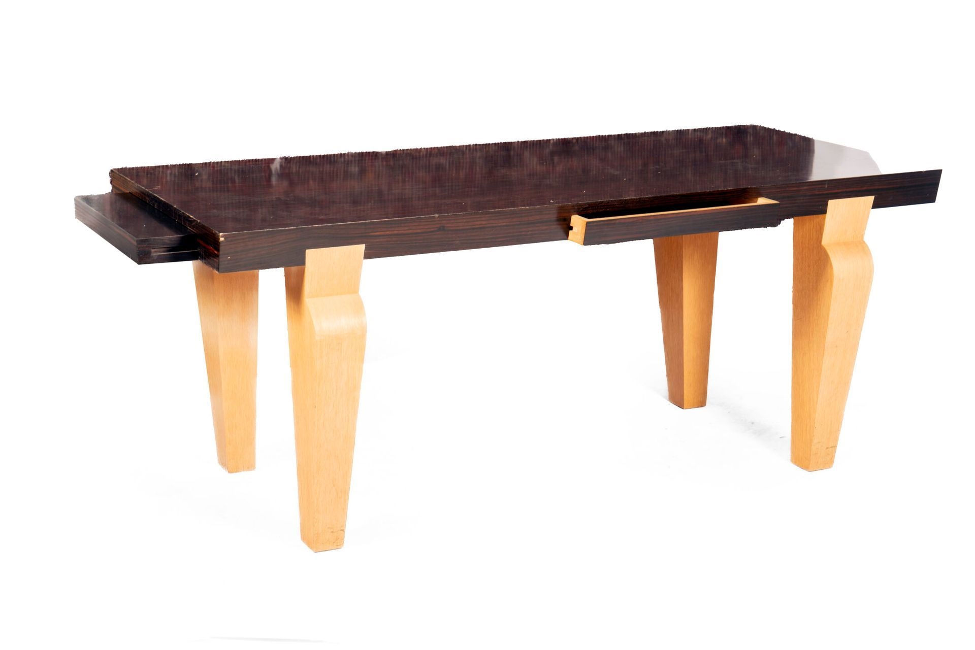 Artwork by Christian Liaigre, Exotic veneer desk opening with a front drawer and a side pull, Made of Exotic veneer