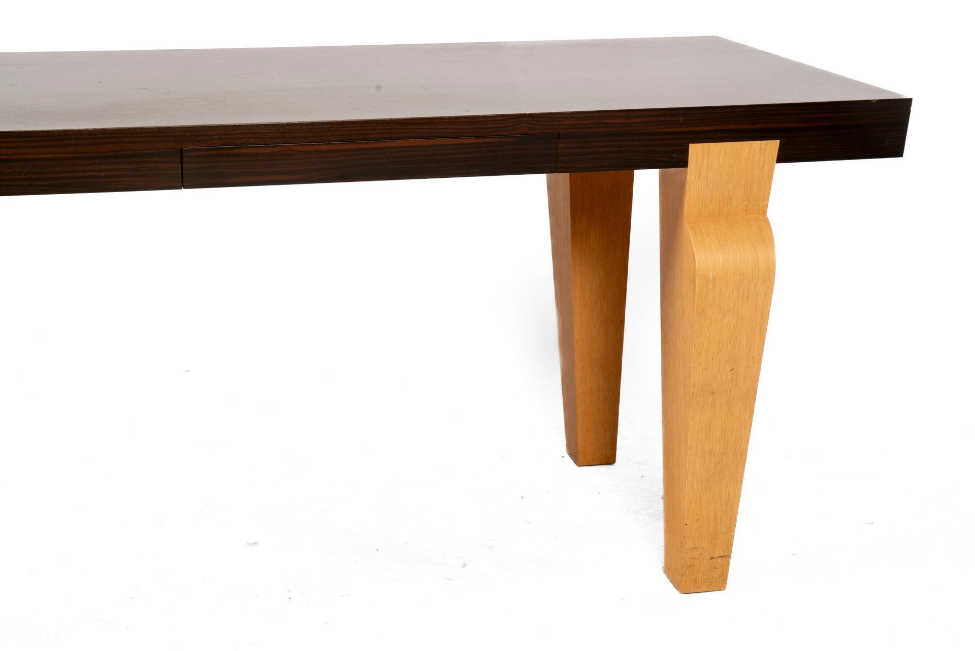 Artwork by Christian Liaigre, Exotic veneer desk opening with a front drawer and a side pull, Made of Exotic veneer