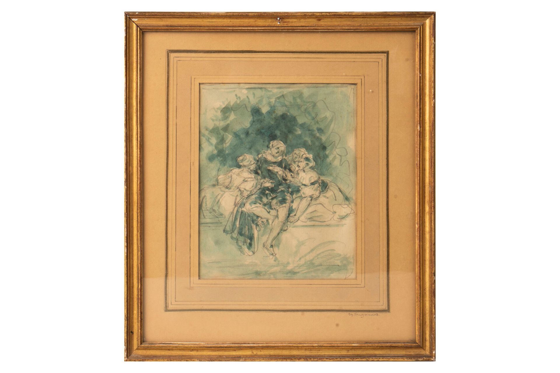 Artwork by Théophile-Evariste Fragonard, A hen for three roosters, Made of Pen And Watercolor Over Graphite On Paper