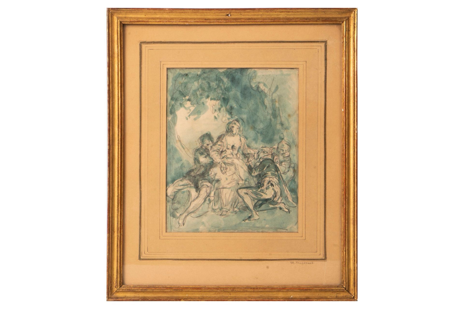 Artwork by Théophile-Evariste Fragonard, A hen for three roosters, Made of Pen And Watercolor Over Graphite On Paper