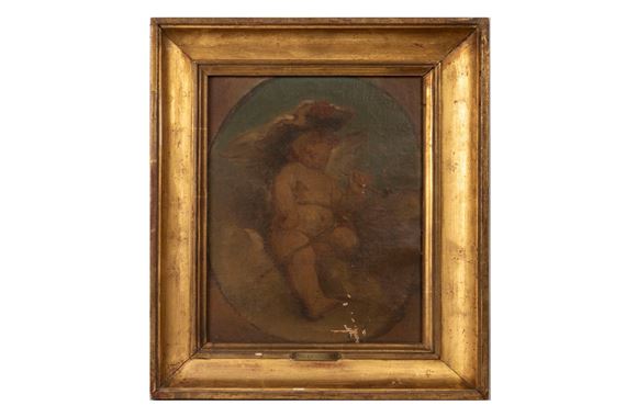 Pipe-smoking Love wearing an 18th-century tricorne