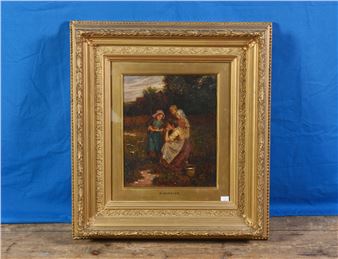 Young Lady with three children & a Tabby Cat drinking from a saucer - William Hemsley