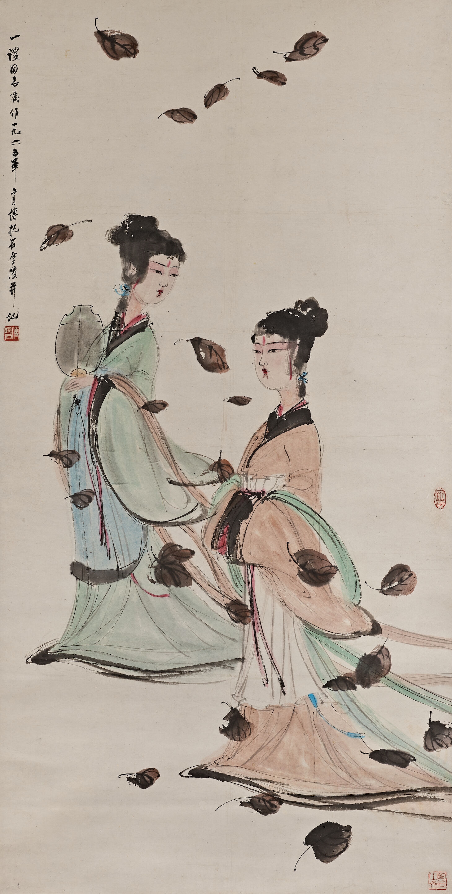 Artwork by Fu Baoshi, Goddesses of the River Xiang, 1965, Made of ink and colour on paper, hanging scroll