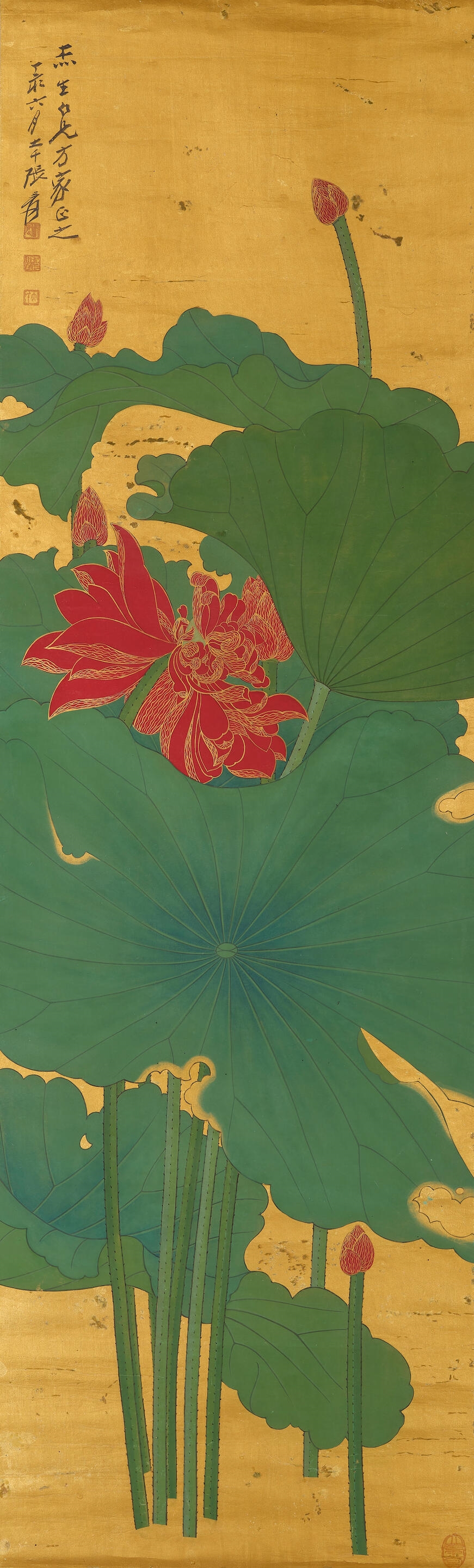 Artwork by Zhang Daqian, Red Lotus, 1947, Made of ink and colour on gold paper, hanging scroll