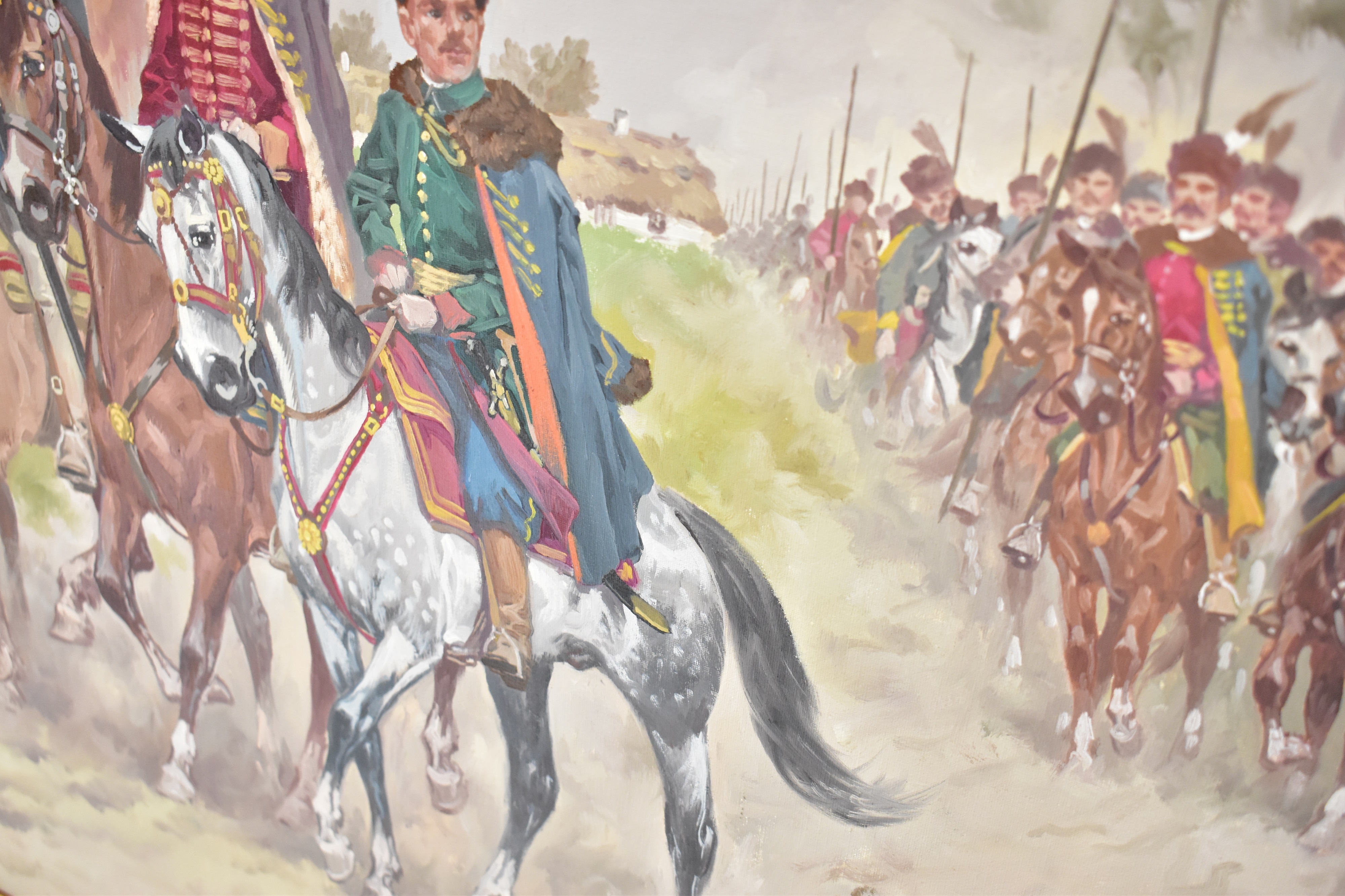 Artwork by Edward Mesjasz, four cavalry officers ahead of brigade, Made of Oil On Canvas