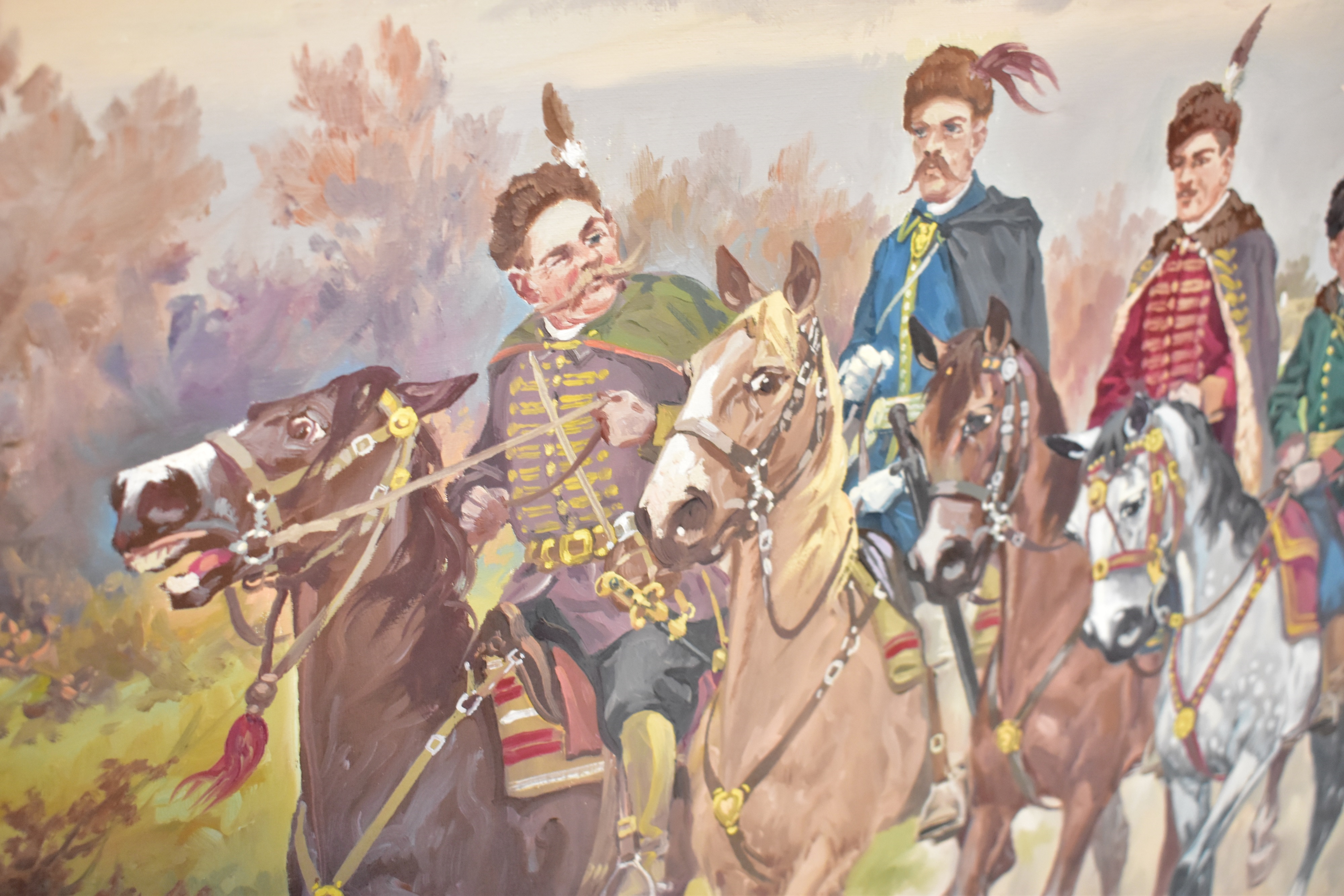 Artwork by Edward Mesjasz, four cavalry officers ahead of brigade, Made of Oil On Canvas