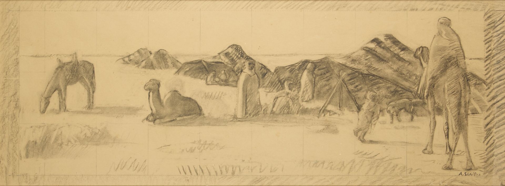 Artwork by Andrée Seailles, Nomad camp and dromedaries, Made of Charcoal On Paper