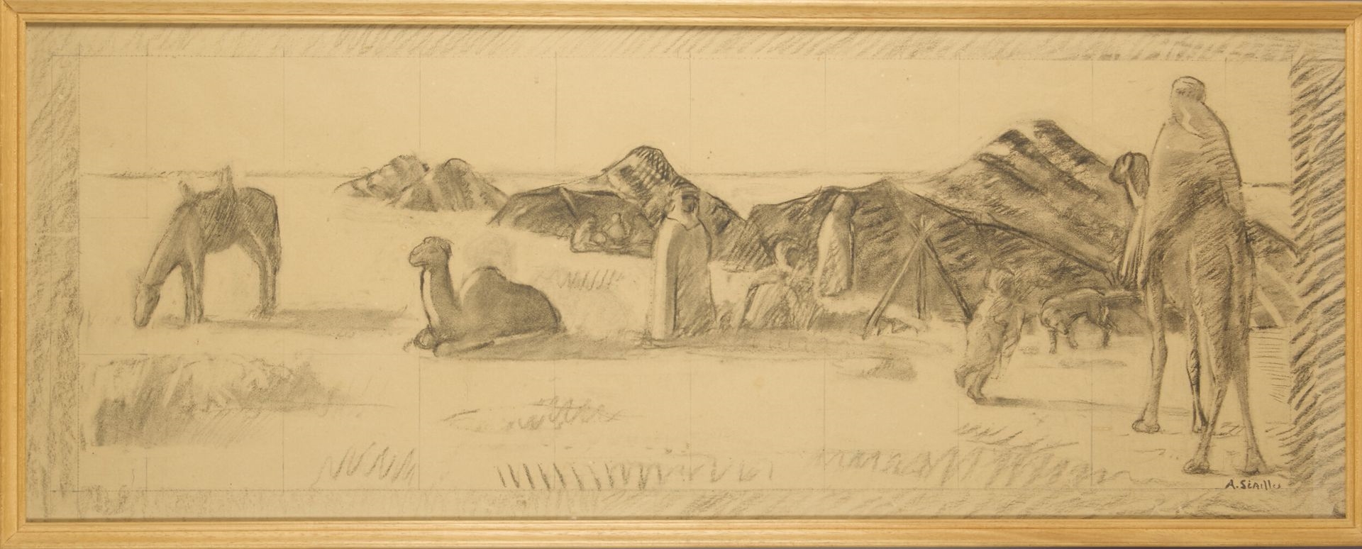 Artwork by Andrée Seailles, Nomad camp and dromedaries, Made of Charcoal On Paper