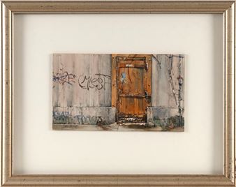 A weathered urban doorway framed by a textured, light-colored border.