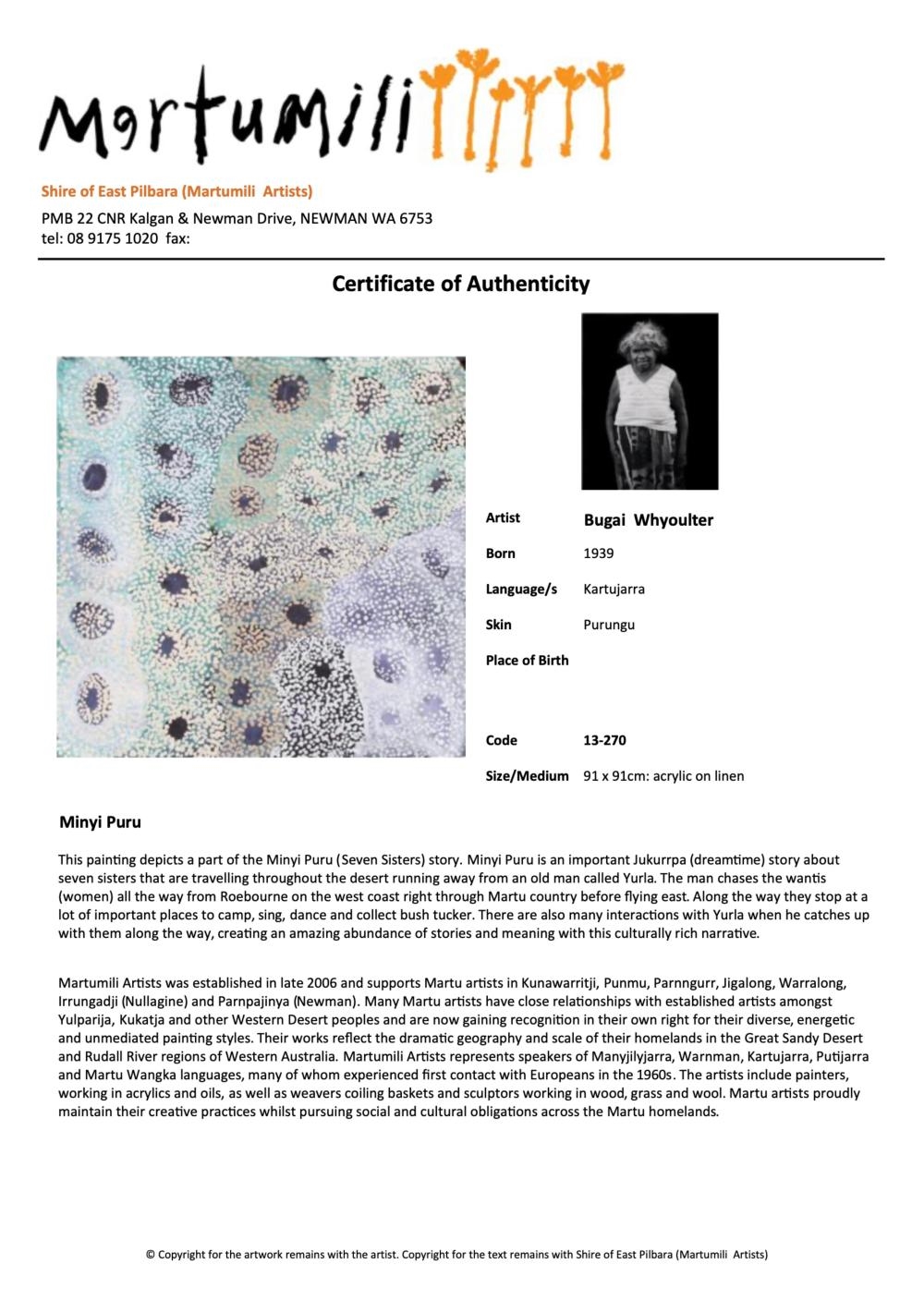 Artwork by Bugai Whyoulter Purungu, Minyi Puru, Made of Acrylic On Linen