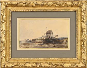 Barque et moulin en bord de mer - Camille Joseph Etienne Roqueplan