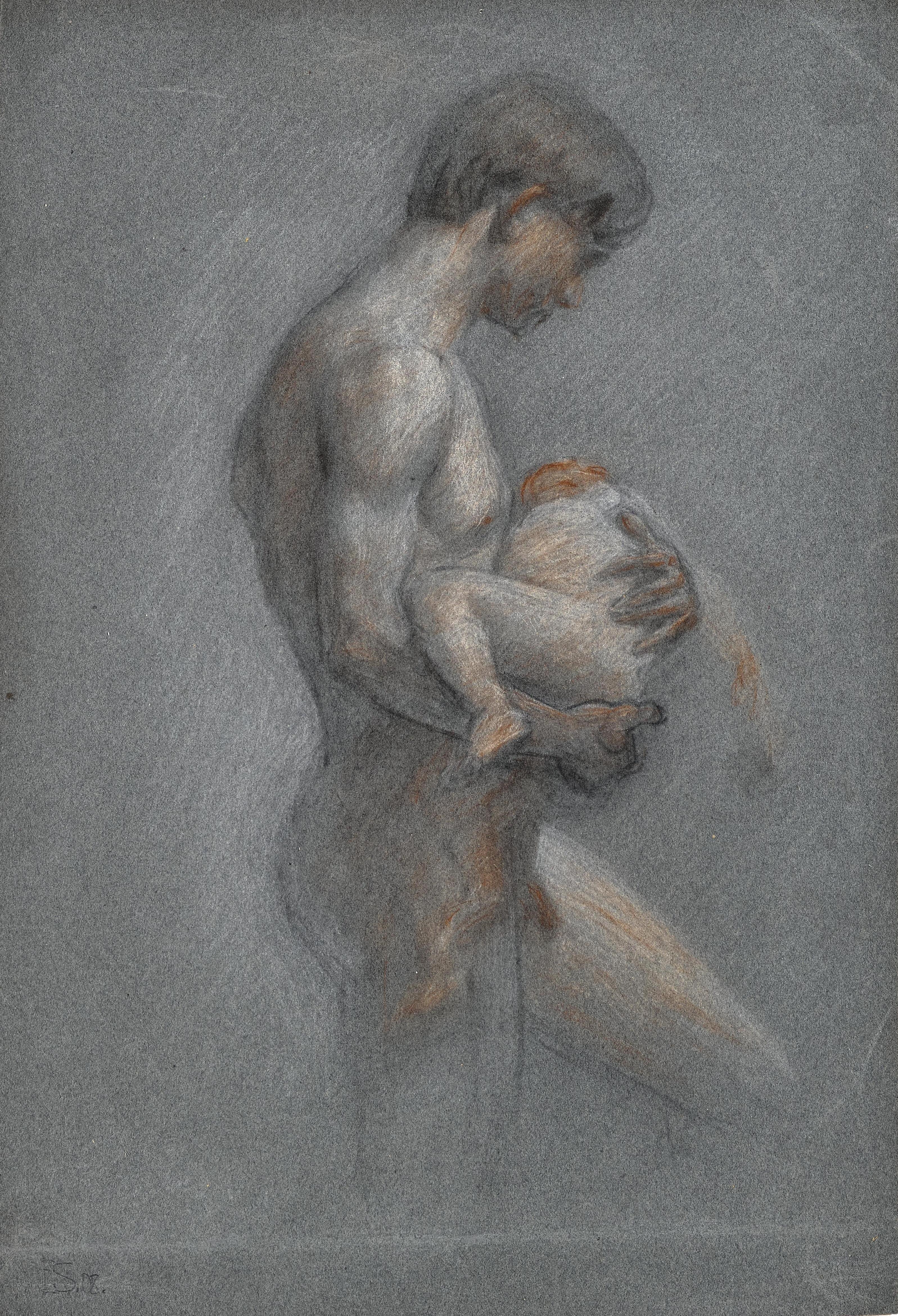 Artwork by Egon Schiele, Stehender Männerakt mit Kind im Arm, Made of Sanguine, Charcoal And White Chalk On Gray-Blue Cardboard