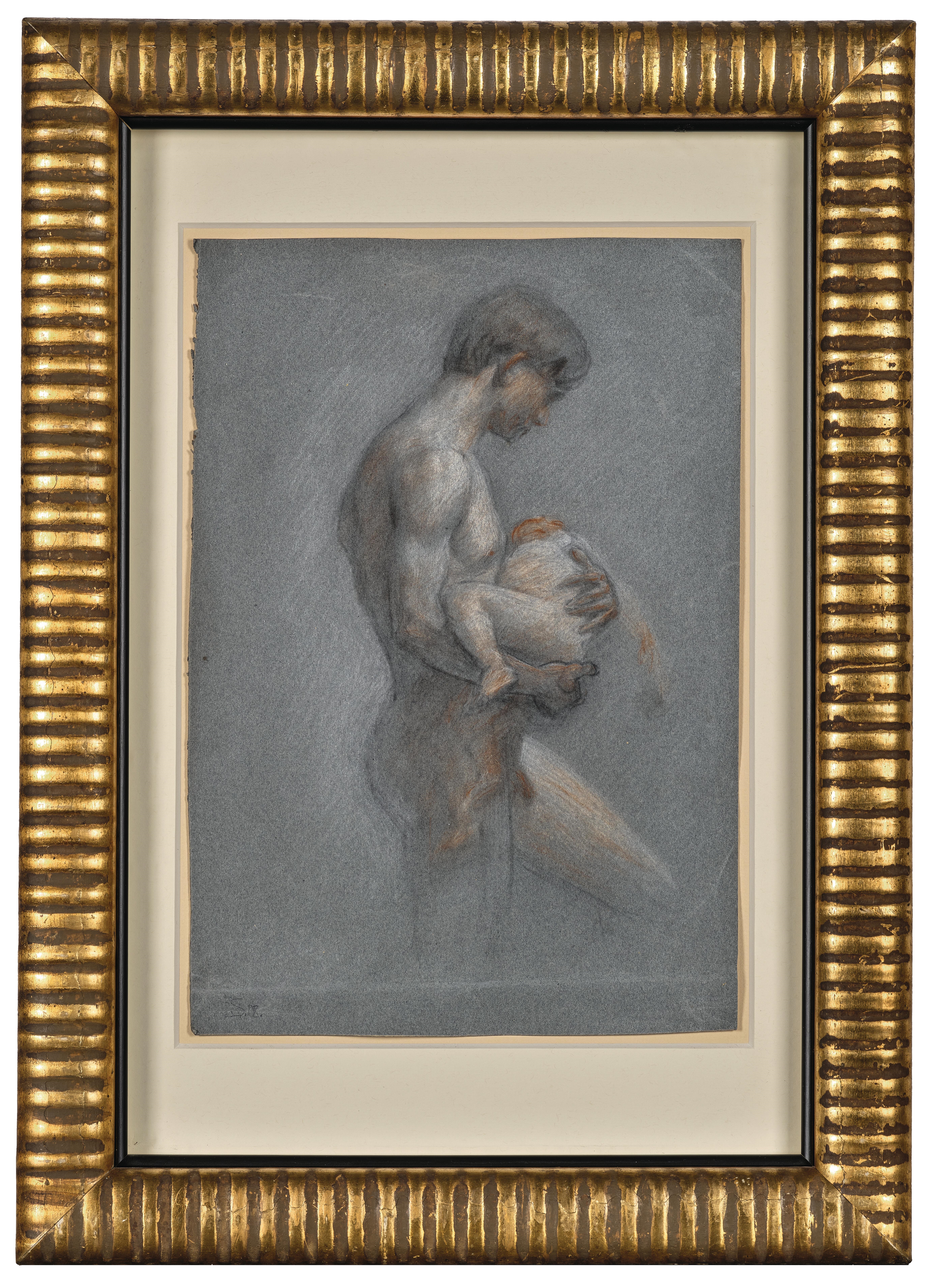 Artwork by Egon Schiele, Stehender Männerakt mit Kind im Arm, Made of Sanguine, Charcoal And White Chalk On Gray-Blue Cardboard