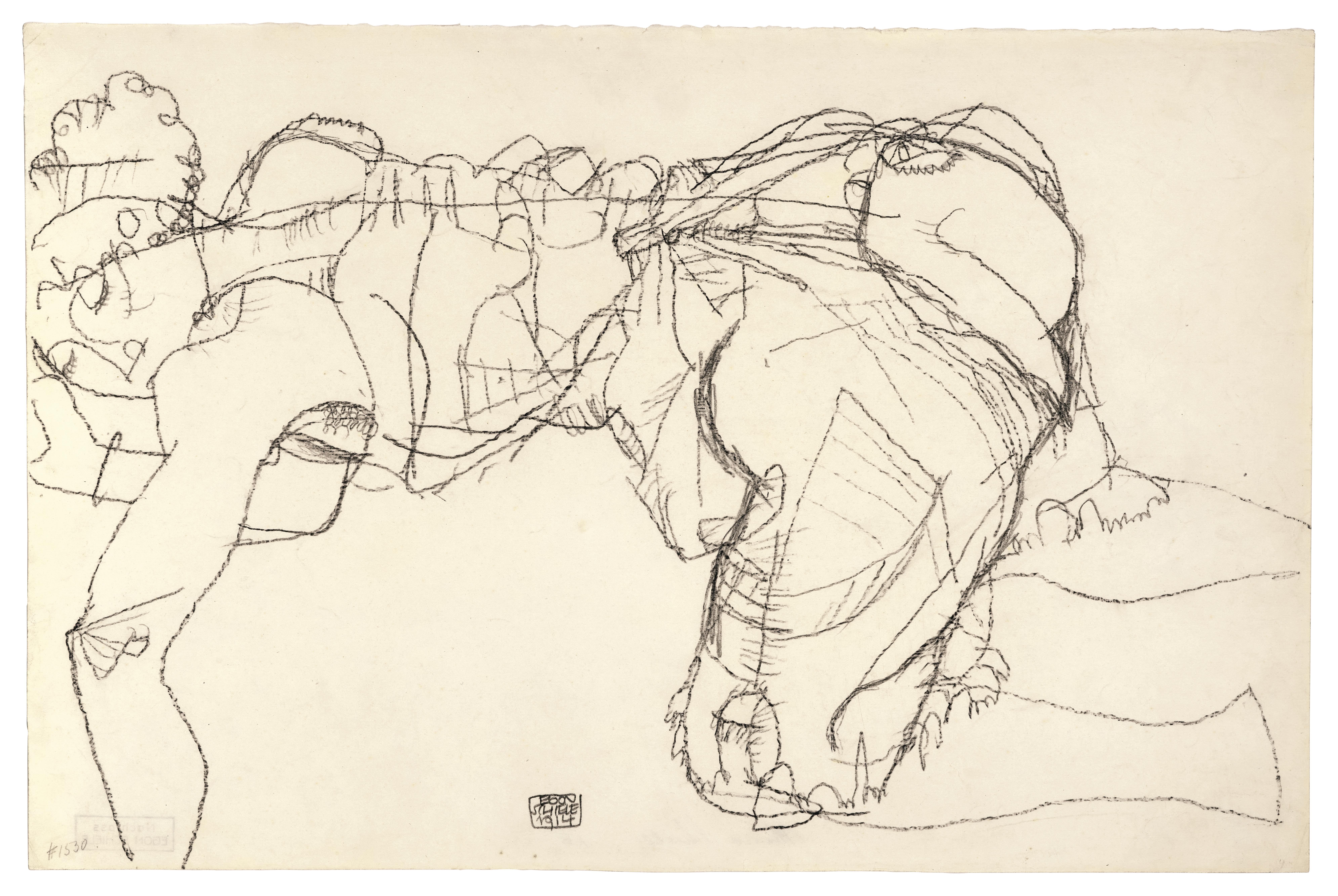 Artwork by Egon Schiele, Frau auf Knien und Ellbogen, Made of Black Crayon On Paper