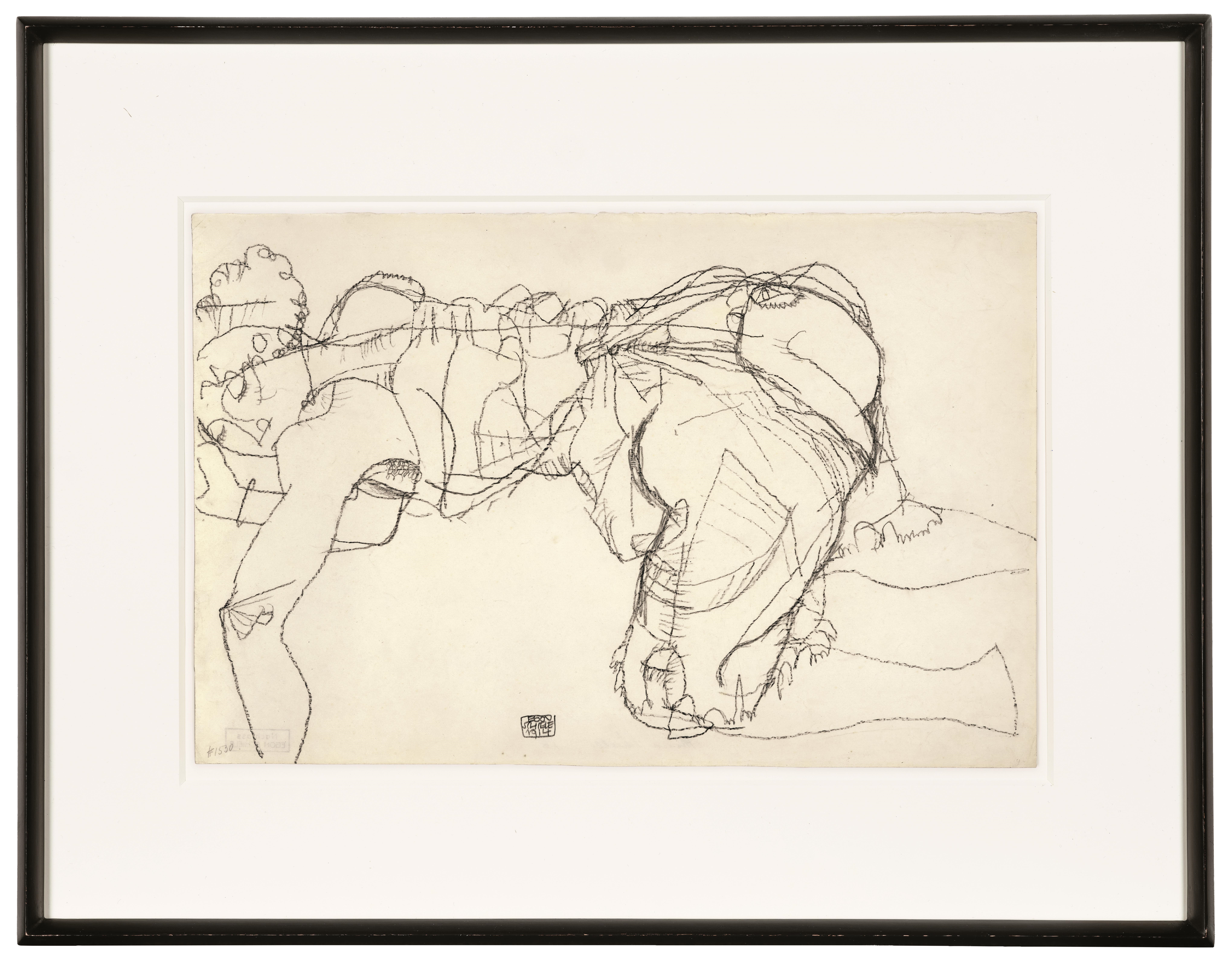 Artwork by Egon Schiele, Frau auf Knien und Ellbogen, Made of Black Crayon On Paper
