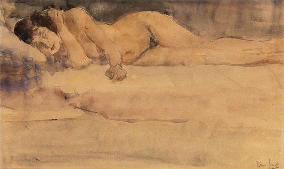 A watercolor study of a nude figure lying on a bed, rendered in soft earth tones.