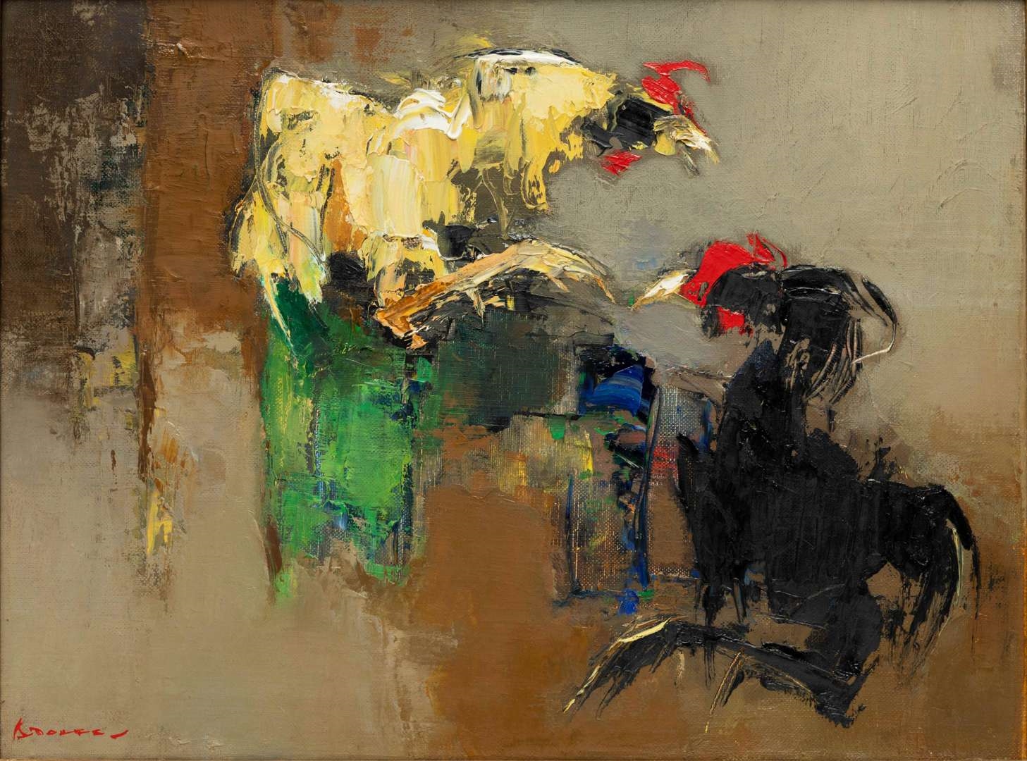 Artwork by Gerard Pieter Adolfs, Compositie Vechthanen, Made of Oil On Canvas