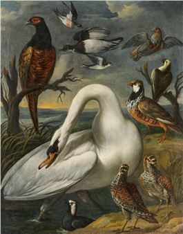 A painting of a swan surrounded by birds in a field.