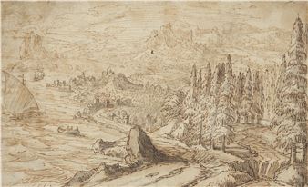 Mountain landscape with river, boats and ships