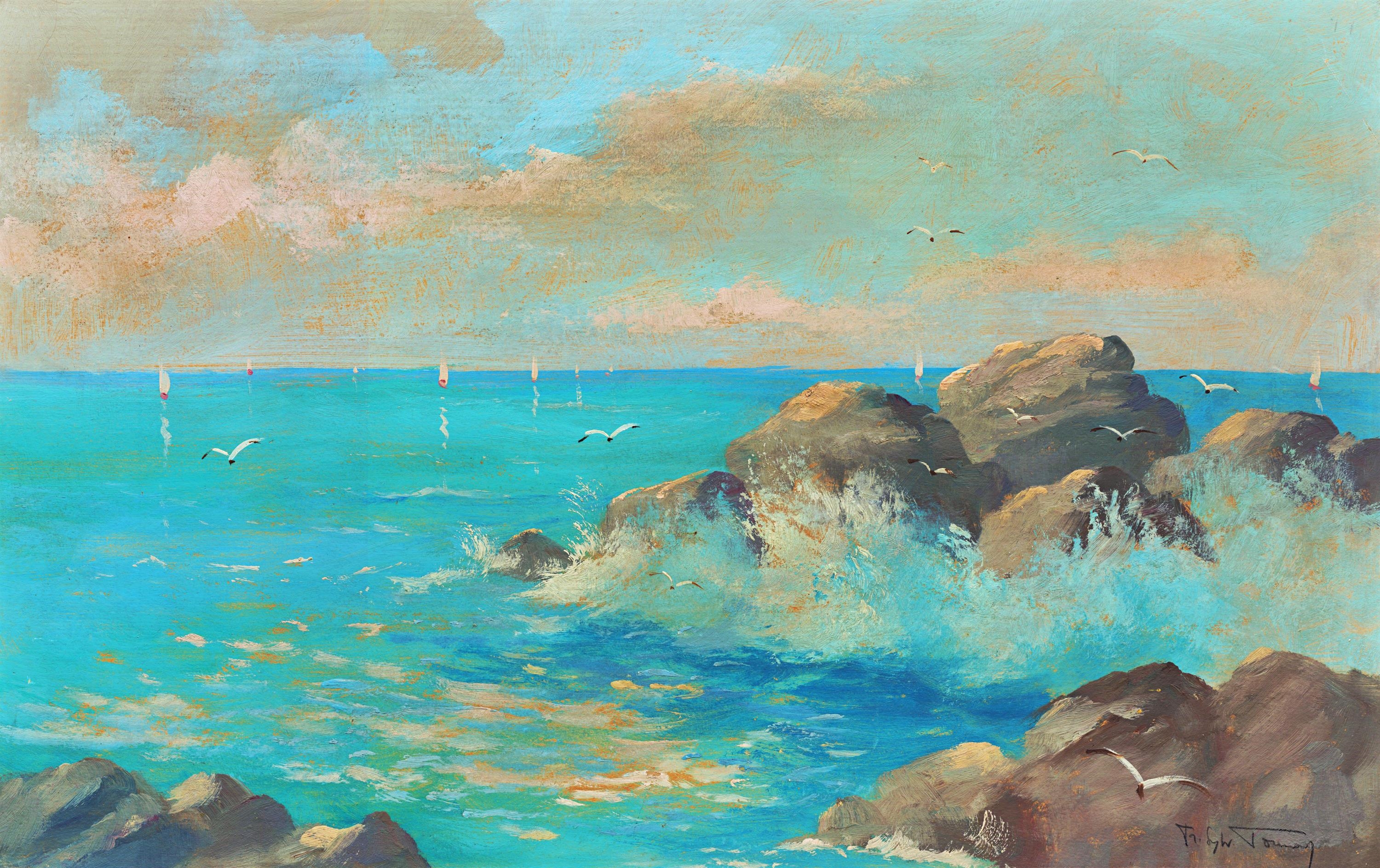 Artwork by František Toman, Mořské útesy, Made of oil on cardboard