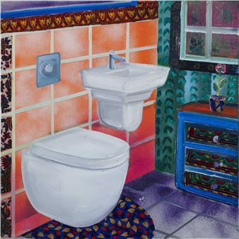 A colorful bathroom interior with a white toilet and sink against orange tiles.