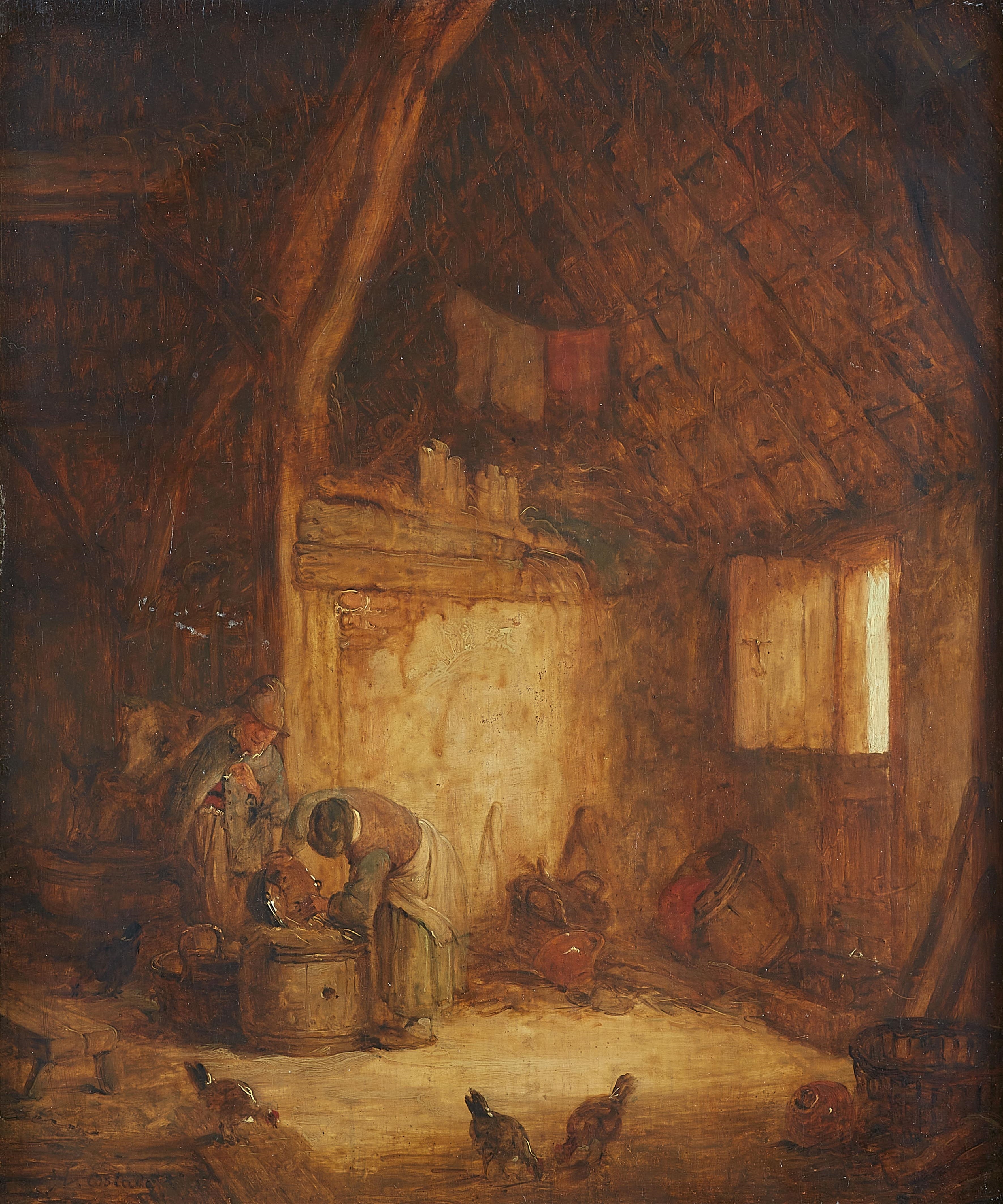 Artwork by Isack van Ostade, Stable Interior with a Farmer Couple, Cows and Chicken, Made of Oil On Panel