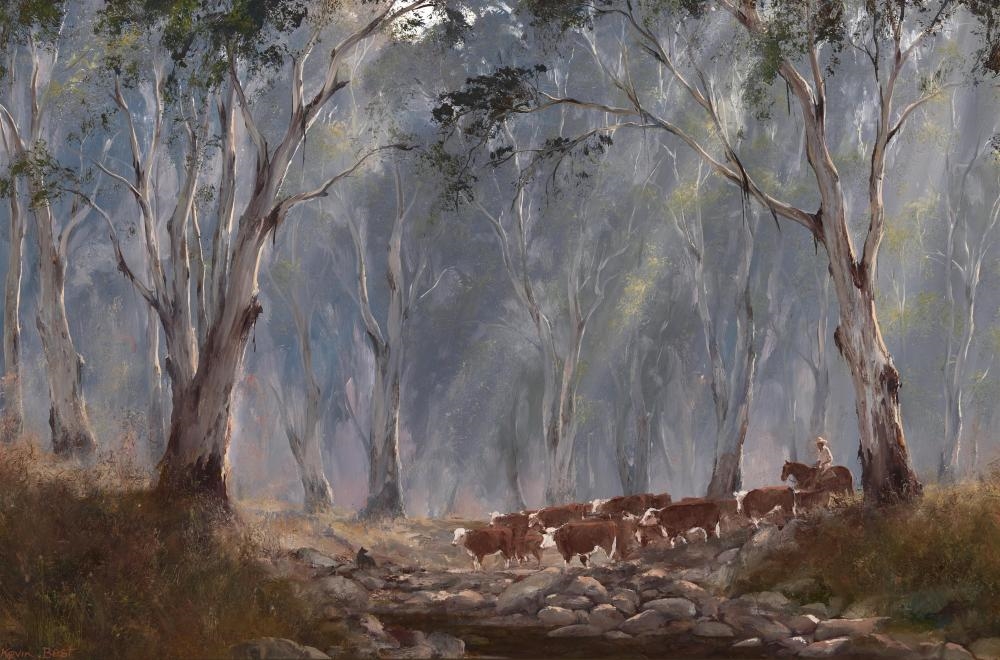Artwork by Kevin John Best, Crossing Rocky Creek (Tumbarumba NSW, Made of Oil On Board