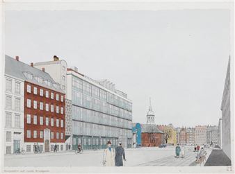 A folder containing nine architectural drawings, eight prospects and a project description of a suggestion for The Royal Danish Academy of Music, 1945 - Henning Helger