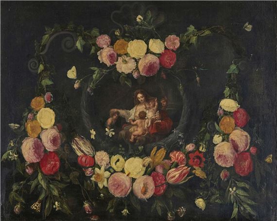 A Still Life of Mixed Flowers with Central Cartouche of the Virgin and Child - Jan van Kessel I