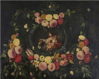 A Still Life of Mixed Flowers with Central Cartouche of the Virgin and Child