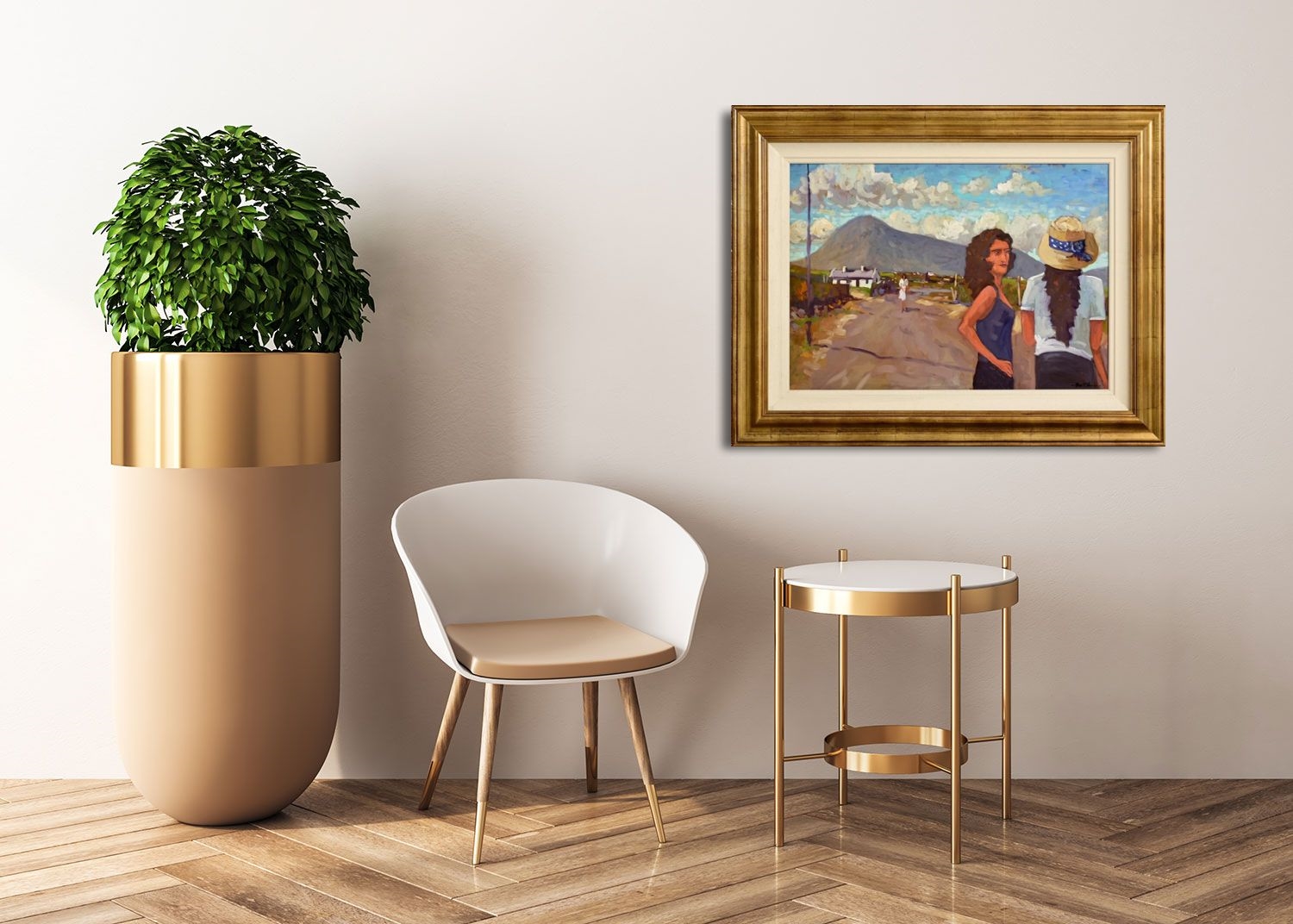 Artwork by Alex McKenna, Out for a Walk on the Dugort Road, Achill, Made of Oil On Board