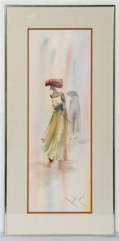 A watercolor portrait of a figure in a flowing dress standing before a faint shadow.