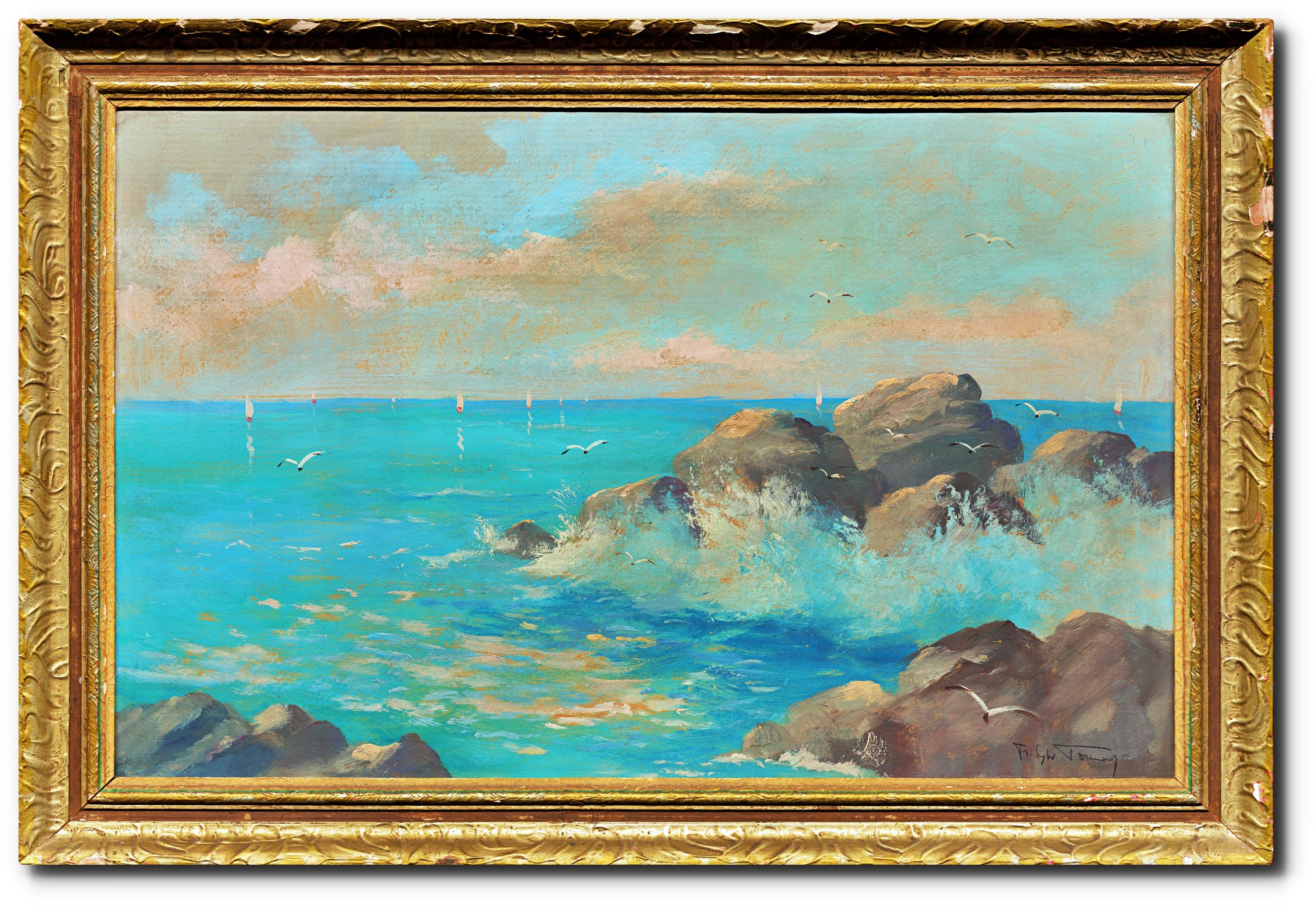 Artwork by František Toman, Mořské útesy, Made of oil on cardboard