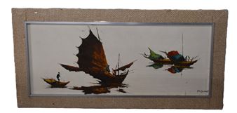 A framed painting of three small boats on a calm body of water under an overcast sky.
