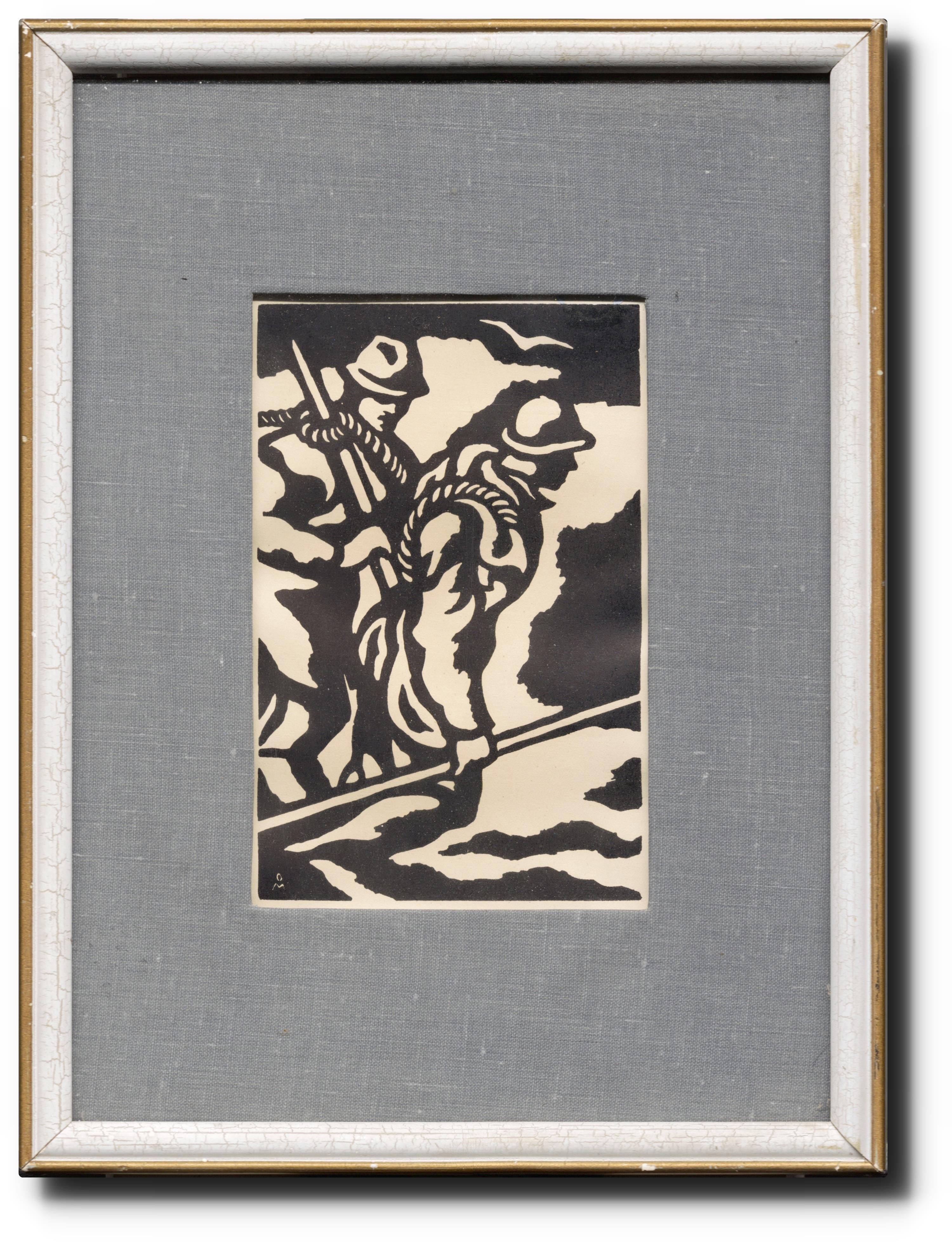 Artwork by Otakar Mrkvička, Muži na cestě, Made of linocut