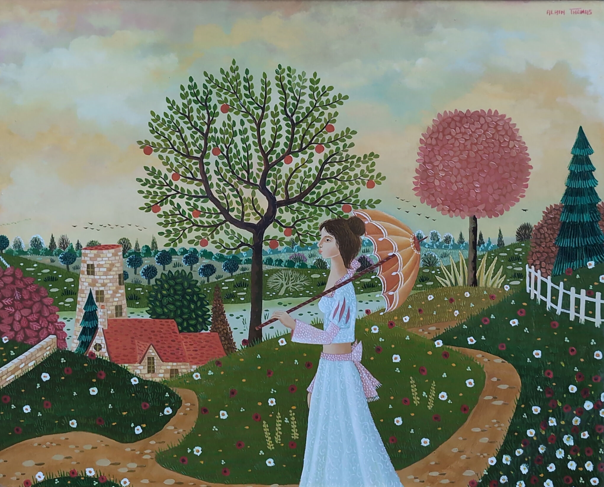 Artwork by Alain Thomas, Adeline à l'ombrelle, Made of oil on isorel