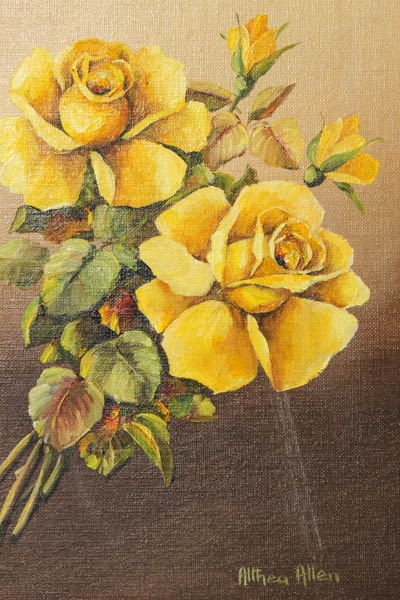 Artwork by Athena Allen, Yellow-Gold Roses, Made of Oil On Board