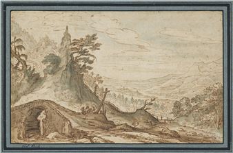 Wide River Landscape with a Stone Bridge