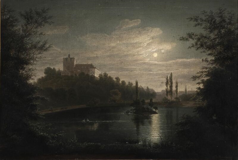 Artwork by Raphael Carl Reinhard, Moonlight landscape with a view to Ballenstedt Castle, Made of Oil On Canvas