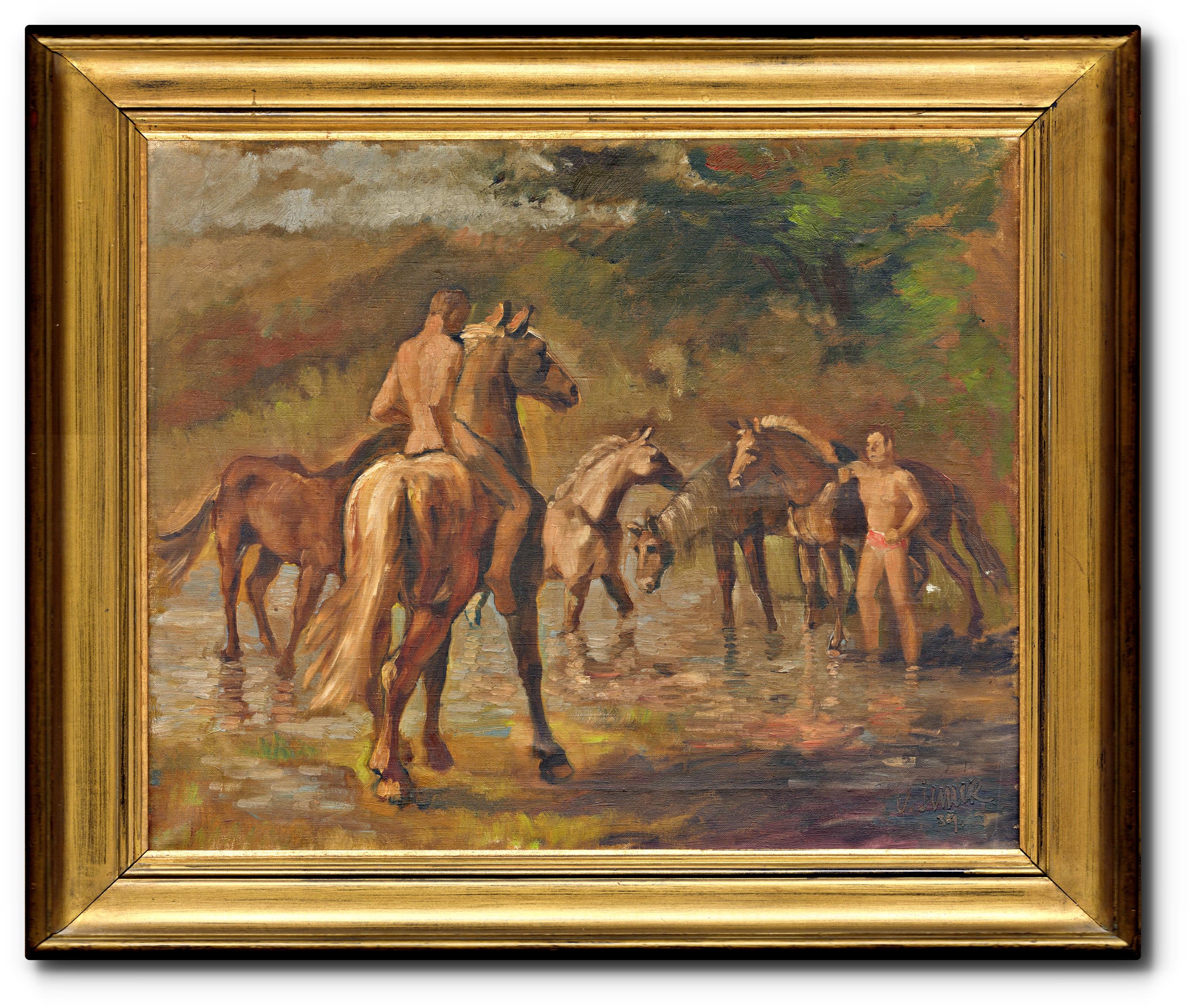 Artwork by Václav Junek, Plavení koní, Made of oil on canvas