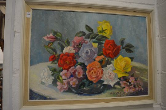 bowl of roses and other flowers by Ginette de Malet Roquefort, 1965